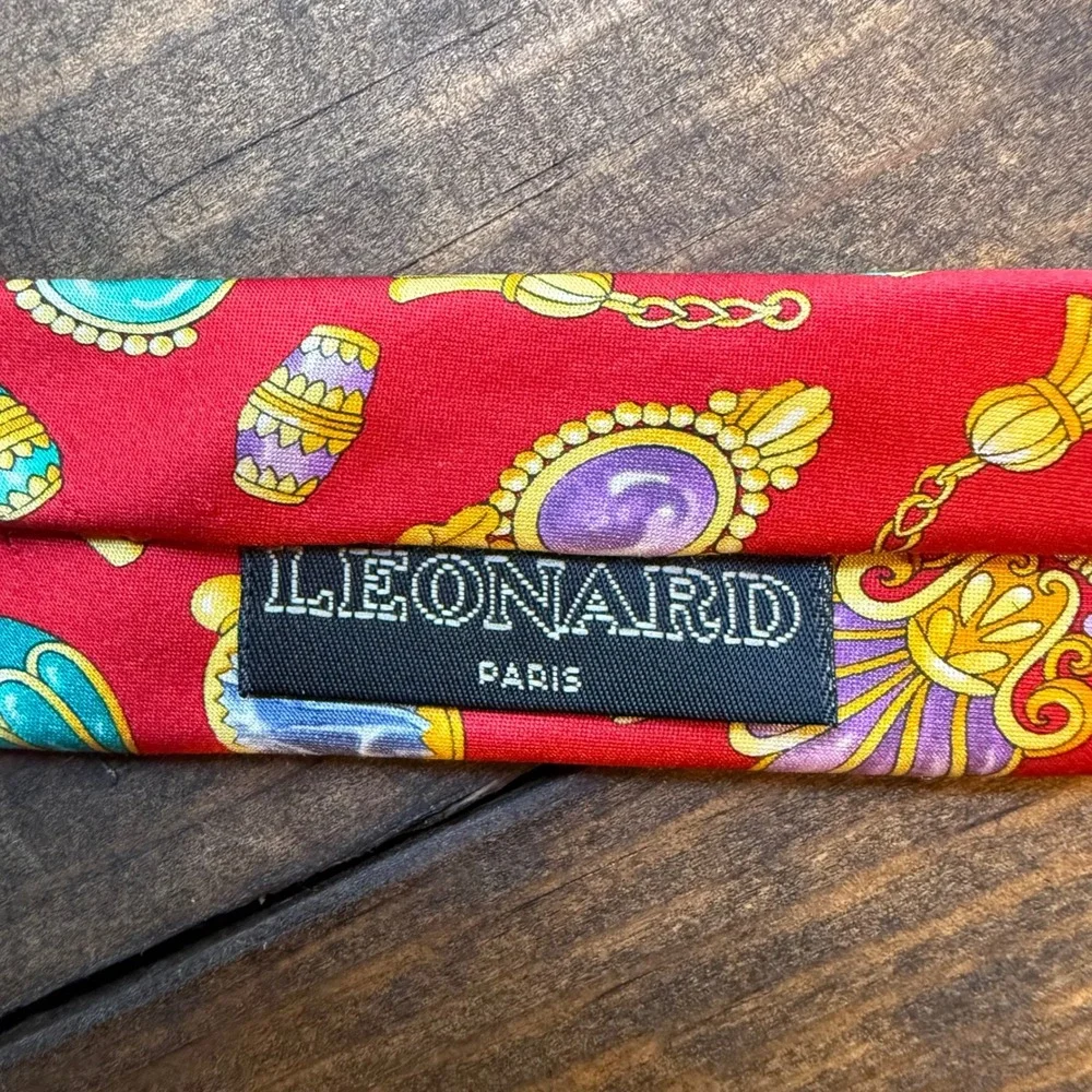 Leonard Paris Tie OS Silk Novelty Jewelry Print Red Made in Italy Dessin 164
